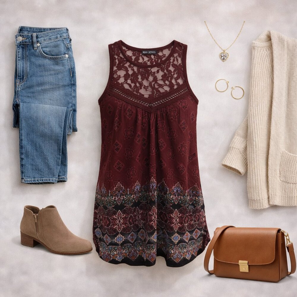 💙 Miss Chevious Burgundy Lace Boho Sleeveless Tank Top